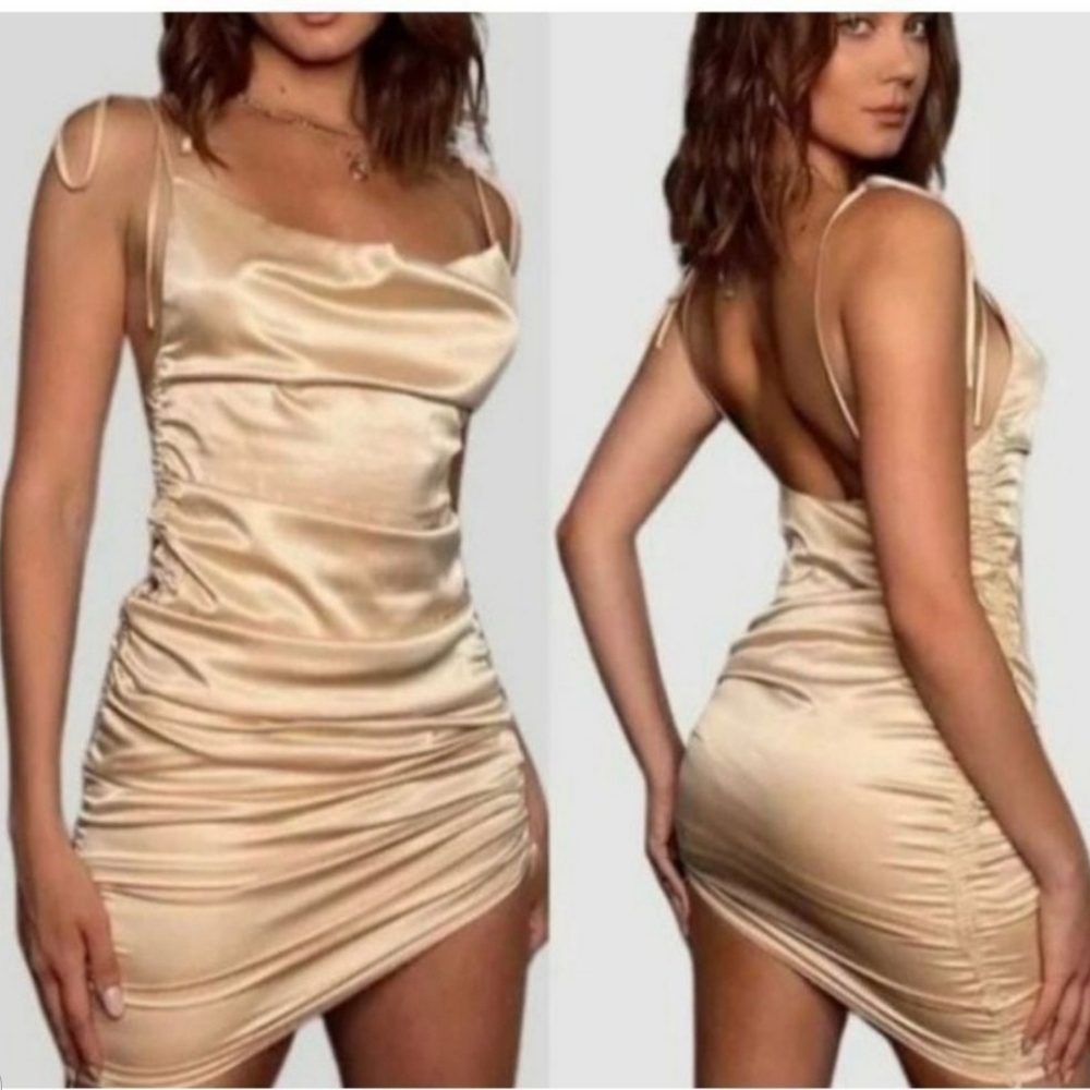 NWT LEAU Women's Classic Satin Drawstring Mini Dress Champagne Size XL
